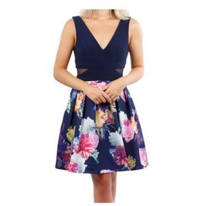 X By Xscape Navy and Pink Floral Fit & Flare Cocktail Dress